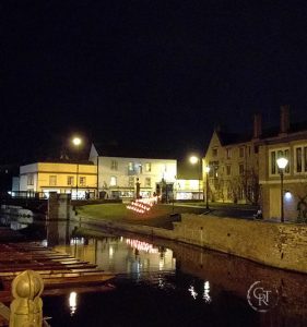 Quayside at night including the eluminate 2017 display at Magdalene college